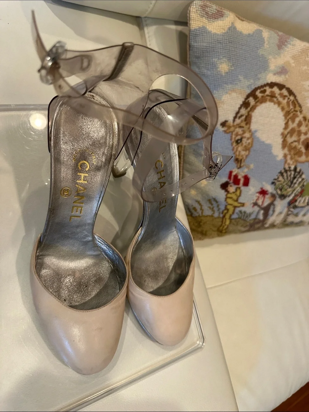 CHANEL Beige Leather Pumps with Clear Ankle Strap